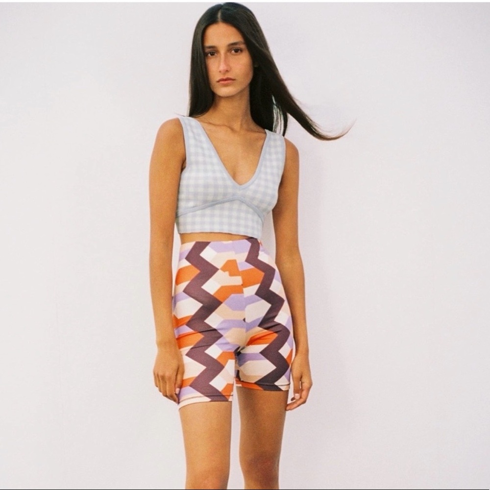 NWT Zara Biker Shorts Athletic Purple Orange Tan Geometric Print Size S